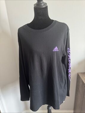 adidas Black Long-Sleeve Tee with Purple Trefoil & Sleeve Script